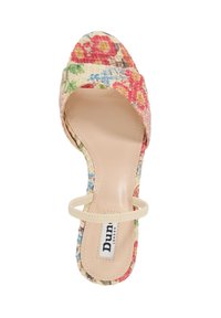 Open-toe bloemenwedgesandalen in multicolor stof. Heeft een gevoerde naakte binnenvoering en een eenvoudige enkelband. Gestructureerd oppervlak.