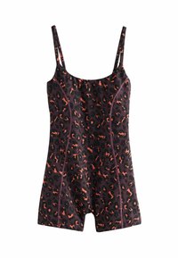 Black swimsuit with leopard print in dark purple and orange. Features thin straps, a fitted design, and short legs. Crafted from stretchy material.