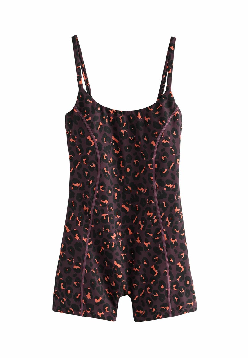 Black swimsuit with leopard print in dark purple and orange. Features thin straps, a fitted design, and short legs. Crafted from stretchy material.