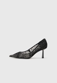 Pantof de damă cu toc înalt, din dantelă neagră, cu vârf ascuțit și un design ușor transparent, având un toc stiletto subțire și o căptușeală interioară netedă.