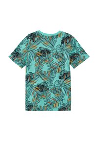 Mintgroene T-shirt met korte mouwen, versierd met een gedurfde tropische bladerenpatroon in zwart en oranje. Zachte stof, comfortabele pasvorm, ronde hals.