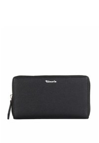 Black leather wallet with a textured finish, zip closure, and a silver logo on the front. Rectangular shape with rounded edges.