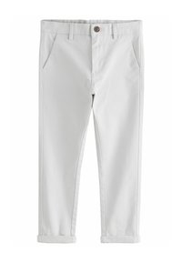 Pantaloni di cotone grigio chiaro con una vestibilità slim, dotati di tasche frontali, chiusura con bottone e orli arrotolati, che offrono una finitura liscia e testurizzata.
