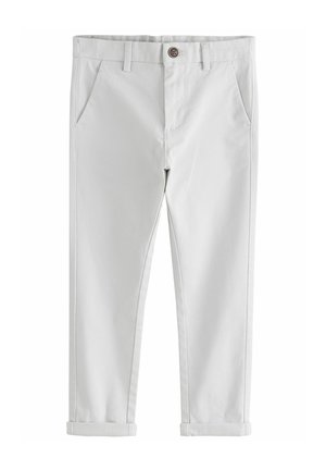 Helle graue Baumwollhose mit schmaler Passform, ausgestattet mit Fronttaschen, einem Knopfverschluss und umgeschlagenen Säumen, die ein glattes, strukturiertes Finish bieten.