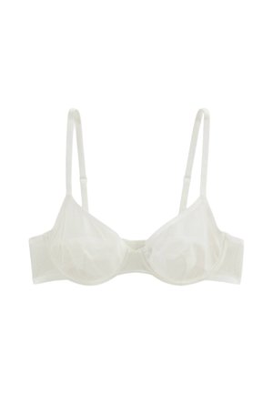 Soutien-gorge blanc avec armatures, bretelles fines ajustables et bonnets légèrement structurés, présenté sur un fond blanc uni.