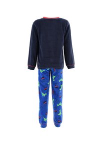 Fleece pajama set with navy long-sleeve top and blue pants featuring green dinosaurs and red accents, soft texture, and elastic waistband.