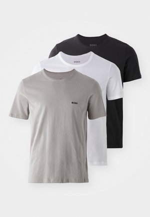 Three crew-neck t-shirts in gray, white, and black, made of soft cotton with short sleeves and subtle 'BOSS' logo at the chest.