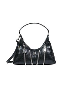 Bolso de mano de imitación de cocodrilo negro con forma curvada, detalles en cremalleras plateadas y dos opciones de transporte: un asa superior y una correa desmontable.