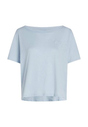 T-shirt bleu clair à manches courtes avec une coupe ample, un col rond, et un logo brodé discret sur le côté gauche de la poitrine. Matière en coton doux.