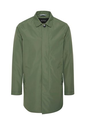 Abrigo ligero de color verde oliva, con collar de punta, cierre de un solo botón y dos bolsillos laterales. Tela suave y resistente al agua.