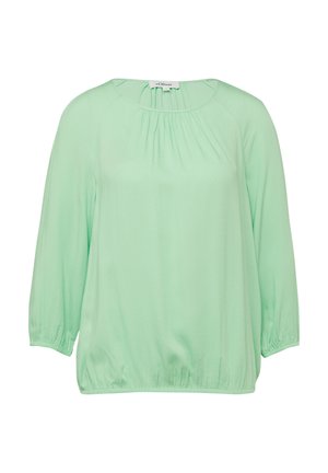 Blouse à manches longues vert clair avec encolure froncée, poignets élastiques et étiquette de marque à l'intérieur du col.