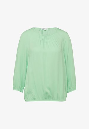 Lichtgroene blouse met lange mouwen, geplooide halslijn, elastische manchetten en merklabel aan de binnenkant van de kraag.