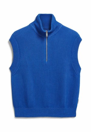 Veste sans manches en tricot bleu avec texture côtelée, col montant et une courte fermeture éclair à l'avant.