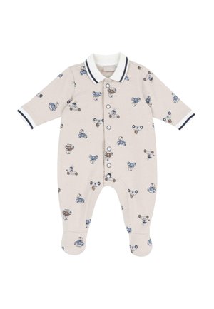 Body beige pour bébé avec manches longues, ouverture par boutons sur le devant, col et poignets blancs à rayures bleu marine, imprimé de petites voitures dessinées.