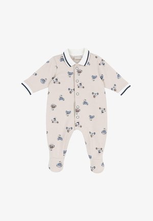 Body beige pour bébé avec manches longues, ouverture par boutons sur le devant, col et poignets blancs à rayures bleu marine, imprimé de petites voitures dessinées.