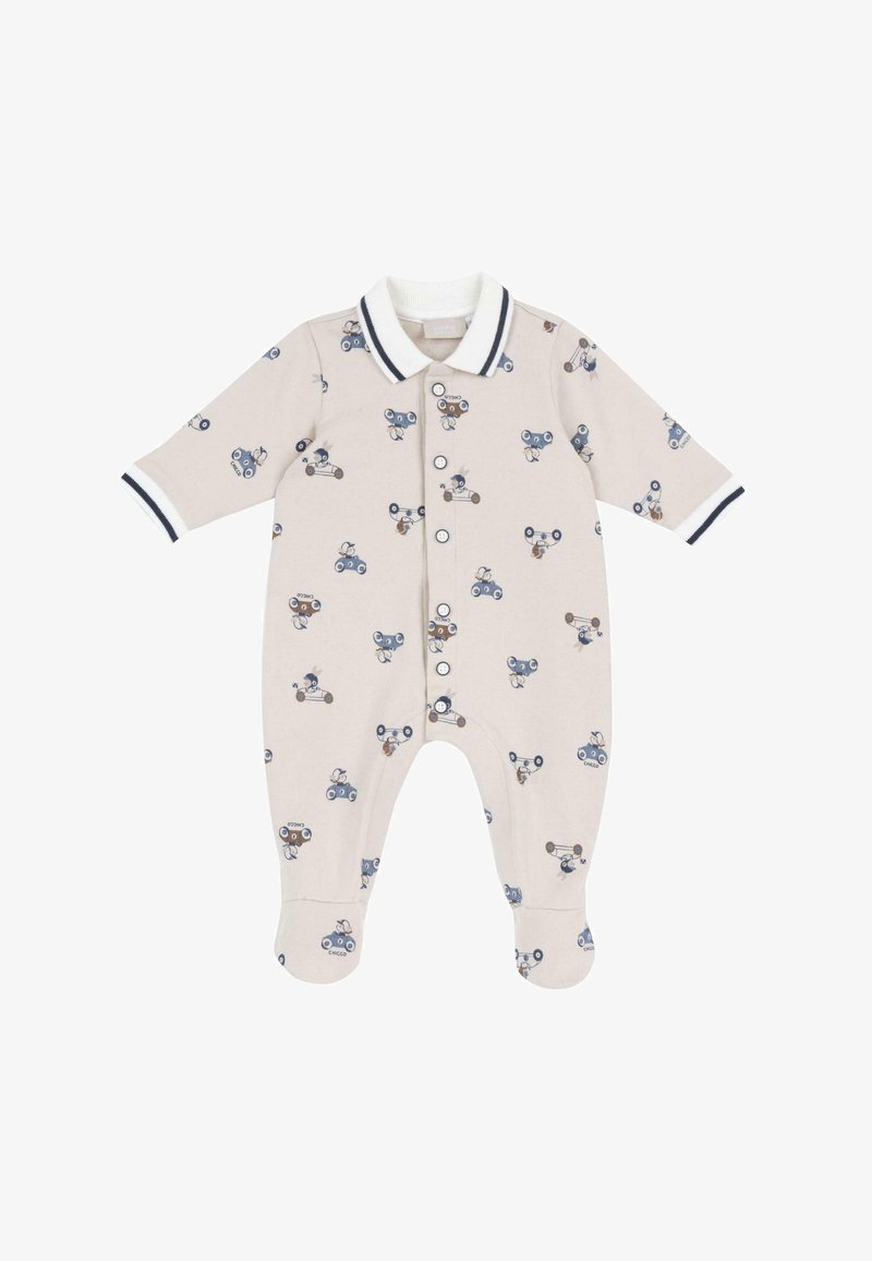 Body beige pour bébé avec manches longues, ouverture par boutons sur le devant, col et poignets blancs à rayures bleu marine, imprimé de petites voitures dessinées.