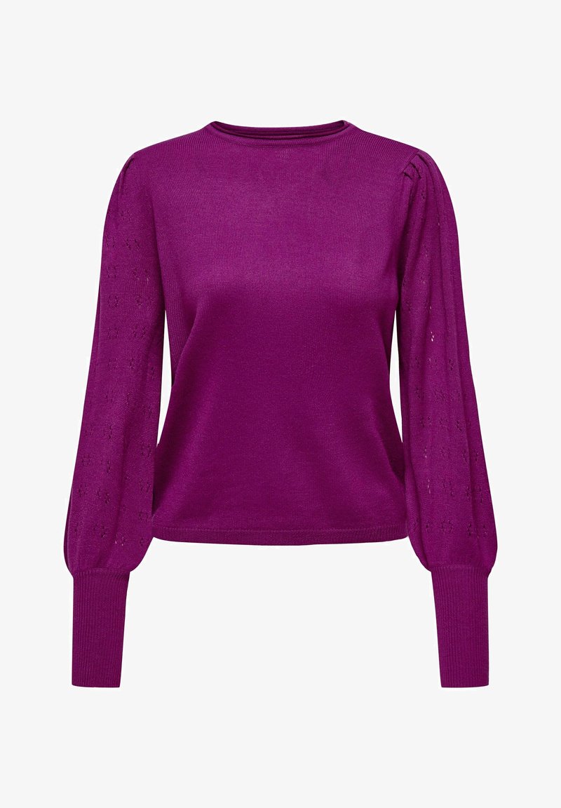 Pull en maille violet à manches longues avec un motif subtil en dentelle sur les manches, des poignets côtelés et un col rond.