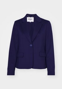 Blazer blu navy realizzato in tessuto liscio, con chiusura a un bottone, due tasche frontali e revers a punta. L'etichetta interna riporta la scritta 'ONLY.'