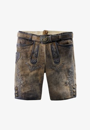 Shorts en cuir brun avec des broderies décoratives, une ceinture avec une boucle circulaire et des détails à boutons sur les côtés.