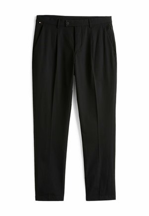 Schwarze Anzughose aus glattem Stoff, mit flachem Bund, zwei Seitentaschen und einem Bund mit Knopfverschluss und Reißverschluss.