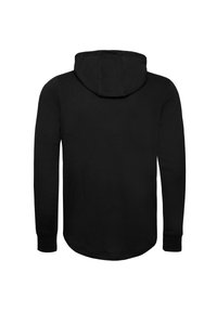 Sudadera negra con capucha, de mangas largas, textura suave, dobladillo redondeado y diseño minimalista. Sin logotipos ni patrones visibles.