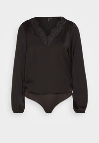 Bodysuit negro de manga larga con escote en V y detalles de encaje. Tejido suave con un diseño ajustado, mangas abullonadas y cierre a presión.