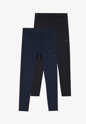 Zwei Paar Leggings in Dunkelblau und Schwarz. Hergestellt aus einem glatten, dehnbaren Stoff, mit elastischen Taillenbündchen und minimalistischem Design.