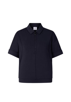 Kortærmet mørkeblå top med krave, front-halvlynlås og manchetter på ærmerne, vist på en hvid baggrund.