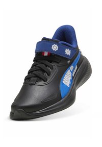 Chaussure de sport noire avec un accent bleu et un logo, dotée d'une tige en cuir texturé, d'une fermeture à lacets et d'un col rembourré pour le confort.