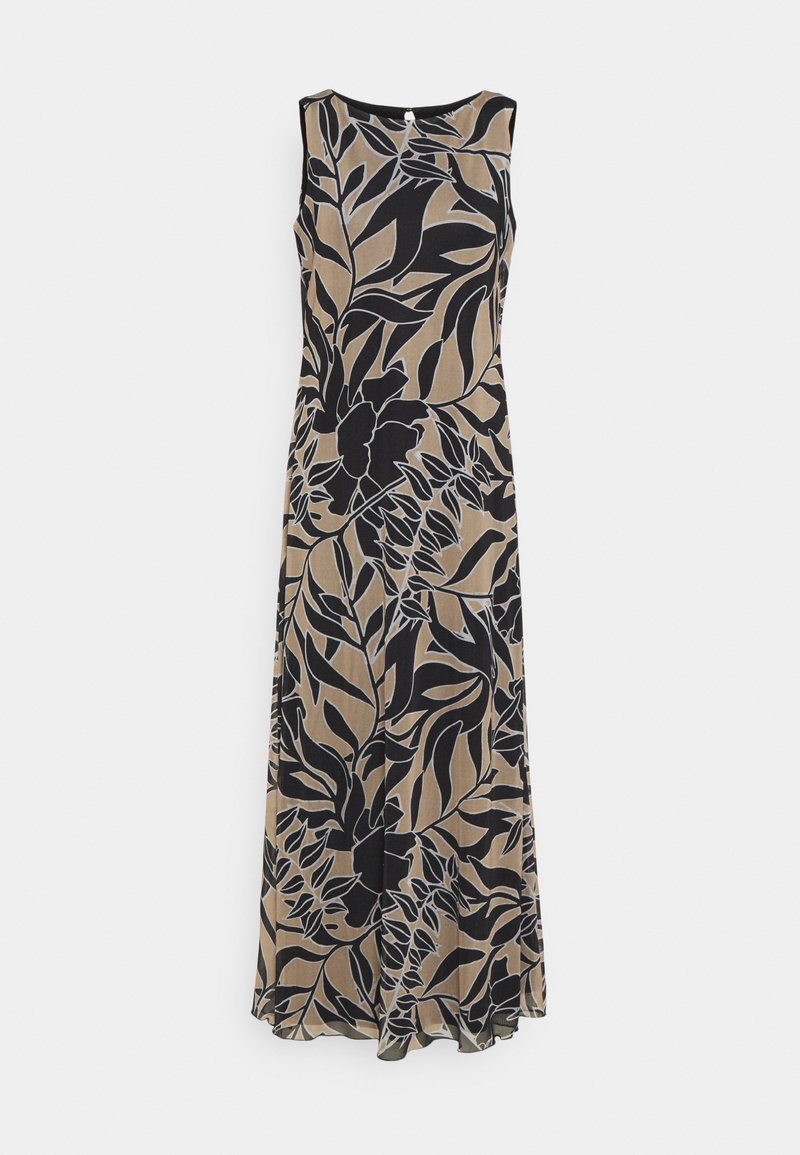 Robe longue sans manches avec col rond présentant un grand motif floral et feuillage beige et noir sur toute la surface.