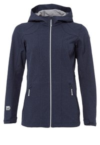 Giacca blu navy con cappuccio, zip frontale e due tasche laterali con zip. Presenta un tessuto testurizzato e dettagli delle cuciture su maniche e corpo.