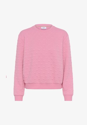 Sweat-shirt rose à col ras du cou avec motif en relief en forme de cœur, poignets et taille côtelés, étiquette "Saint" à l'intérieur du col.