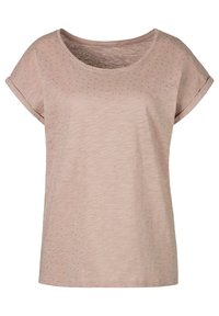 Helles rosa T-Shirt mit kurzen Ärmeln und rundem Ausschnitt, das dezente silberne Punktmuster aufweist und aus einem leicht strukturierten Stoff gefertigt ist.