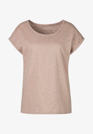Light pink short-sleeve t-shirt with a round neckline, featuring subtle silver dot patterns and a slightly textured fabric.