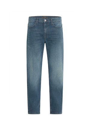 Sirgelised sirgete jala sinised teksapüksid pleekinud viimistlusega, viie taskuga, metallist nööpkinnitus ja kontrastse õmblusega detailid.