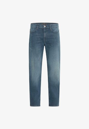 Sirgelised sirgete jala sinised teksapüksid pleekinud viimistlusega, viie taskuga, metallist nööpkinnitus ja kontrastse õmblusega detailid.