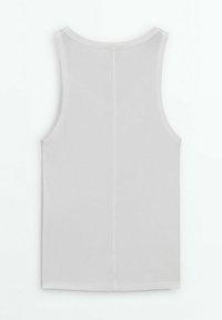 D ébardeur gris, tissu lisse, design sans manches, encolure ronde, ourlet droit sans motifs ni éléments métalliques, vu de dos.