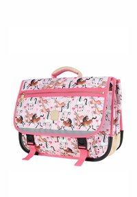 Roze rugzak met een speels patroon van paarden, voorzien van een licht beige handvat, grijze rand en zwarte onderkant. Twee veilige sluitingen.