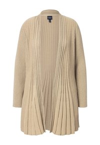 Cárdigan de punto beige con textura acanalada, diseño de frente abierto y pliegues verticales que recorren la parte delantera y las mangas.