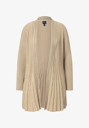 Beige strikket cardigan med ribbet tekstur, åben frontdesign og lodrette folder der løber ned ad fronten og ærmerne.