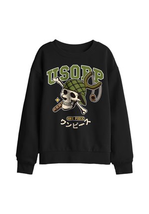 Black sweatshirt with a graphic of a skull wearing a green helmet, a slingshot, crossed bones, and text "USOPP" and "One Piece" in English and Japanese.