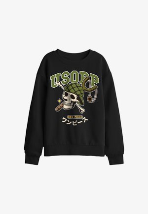 Black sweatshirt with a graphic of a skull wearing a green helmet, a slingshot, crossed bones, and text "USOPP" and "One Piece" in English and Japanese.