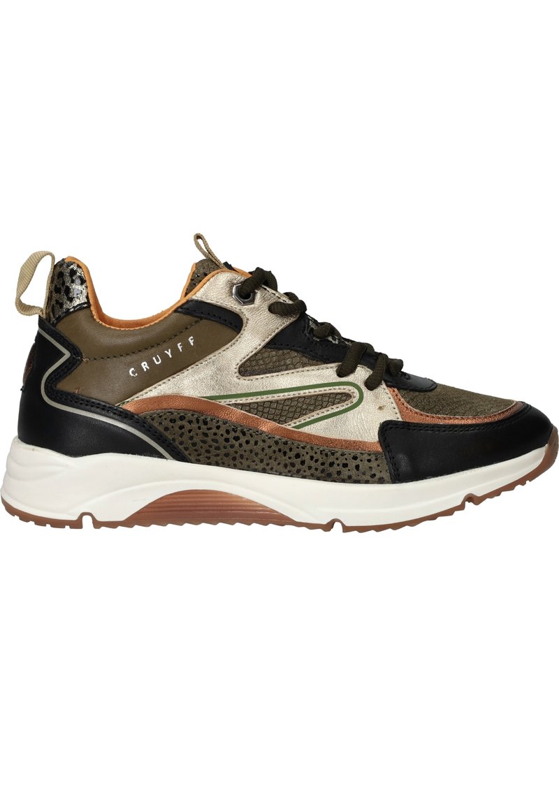 Sneaker met een mix van materialen, waaronder olijfgroen, zwart en metallic goud. Kenmerkende patronen, textuuraccenten en een witte zool.