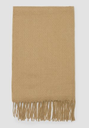 Hellbrauner Schal aus weichem Material mit strukturiertem Muster und fransigen Kanten für zusätzliche Details und visuelles Interesse.