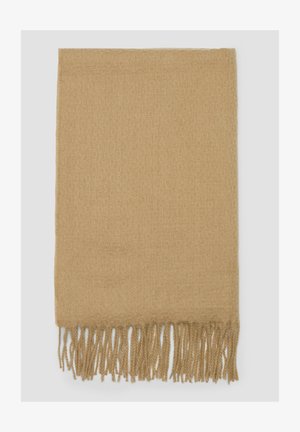 Hellbrauner Schal aus weichem Material mit strukturiertem Muster und fransigen Kanten für zusätzliche Details und visuelles Interesse.