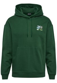 Sudadera verde hecha de una tela suave, con un bolsillo frontal, cordón ajustable y un diseño bordado con caracteres en el pecho.
