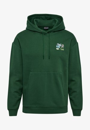 Zielona bluza z kapturem, wykonana z miękkiego materiału, z kieszenią z przodu, regulowanym sznurkiem oraz haftowanym wzorem z postaciami na klatce piersiowej.
