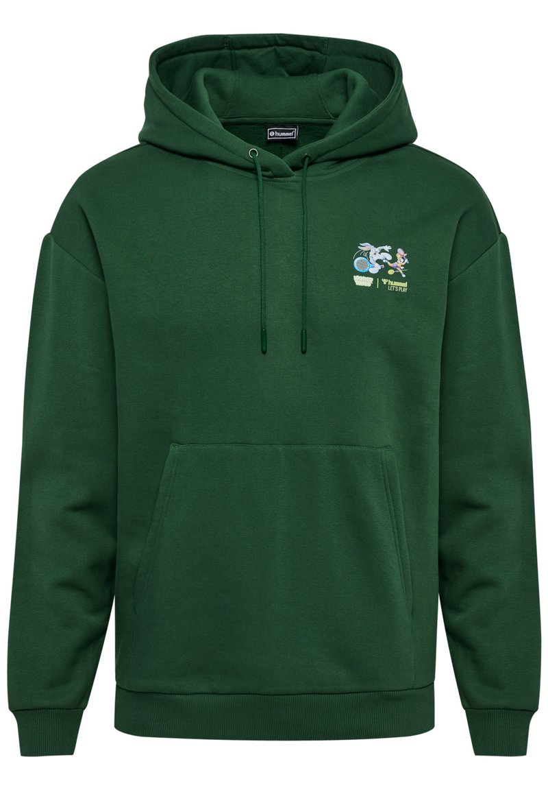Sudadera verde hecha de una tela suave, con un bolsillo frontal, cordón ajustable y un diseño bordado con caracteres en el pecho.