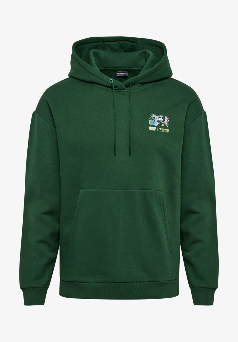 Sudadera verde hecha de una tela suave, con un bolsillo frontal, cordón ajustable y un diseño bordado con caracteres en el pecho.