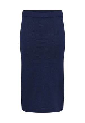 Fustă creion albastru închis, lungime până la genunchi, cu talie elastică, realizată dintr-un material neted și elastic.